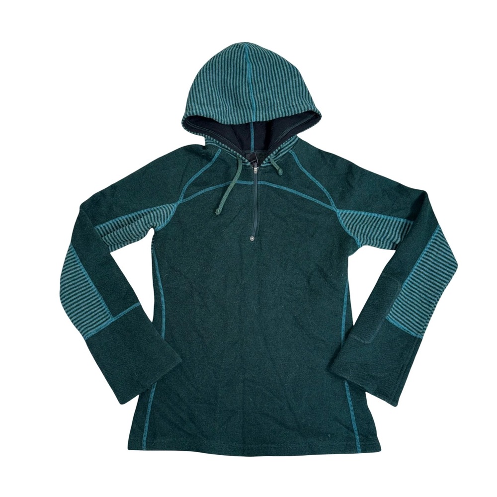 prAna Wool Blend Quarter Zip Hoodie Womens Medium Green Excellent Gorpcore